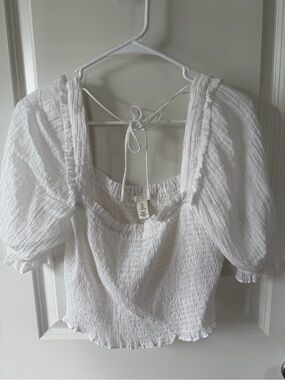 H&M White Smocked Puff Sleeve Crop Top with Back Tie